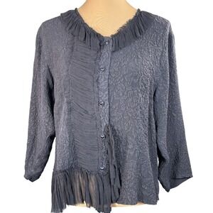 URU Black Floral Silk Long Sleeve Blouse Chiffon Trim Made in USA Lagenlook OSFM